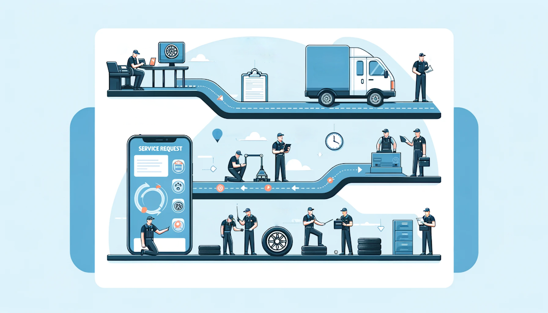 Infographic illustrating mobile tyre service process in #feea12 color theme, highlighting steps from service request to completion, including service request, dispatch, on-site assessment, tyre service, and payment.